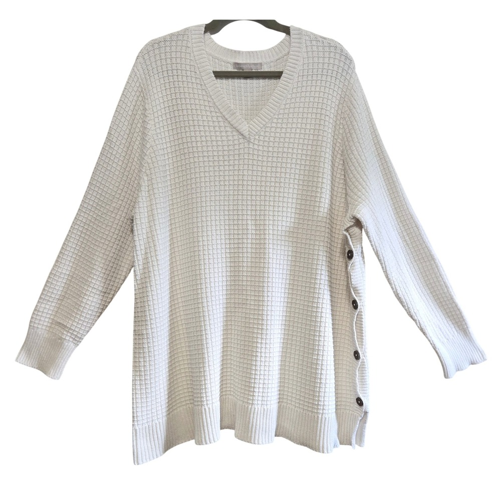 Woman Within Ivory Waffle Knit V-Neck Tunic Sweater Side Button Detail 26/28
